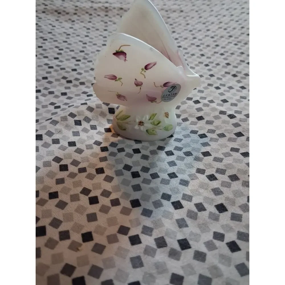 Fenton White Satin Hand Painted Butterfly Signed Figurine Statue Sculpture 3